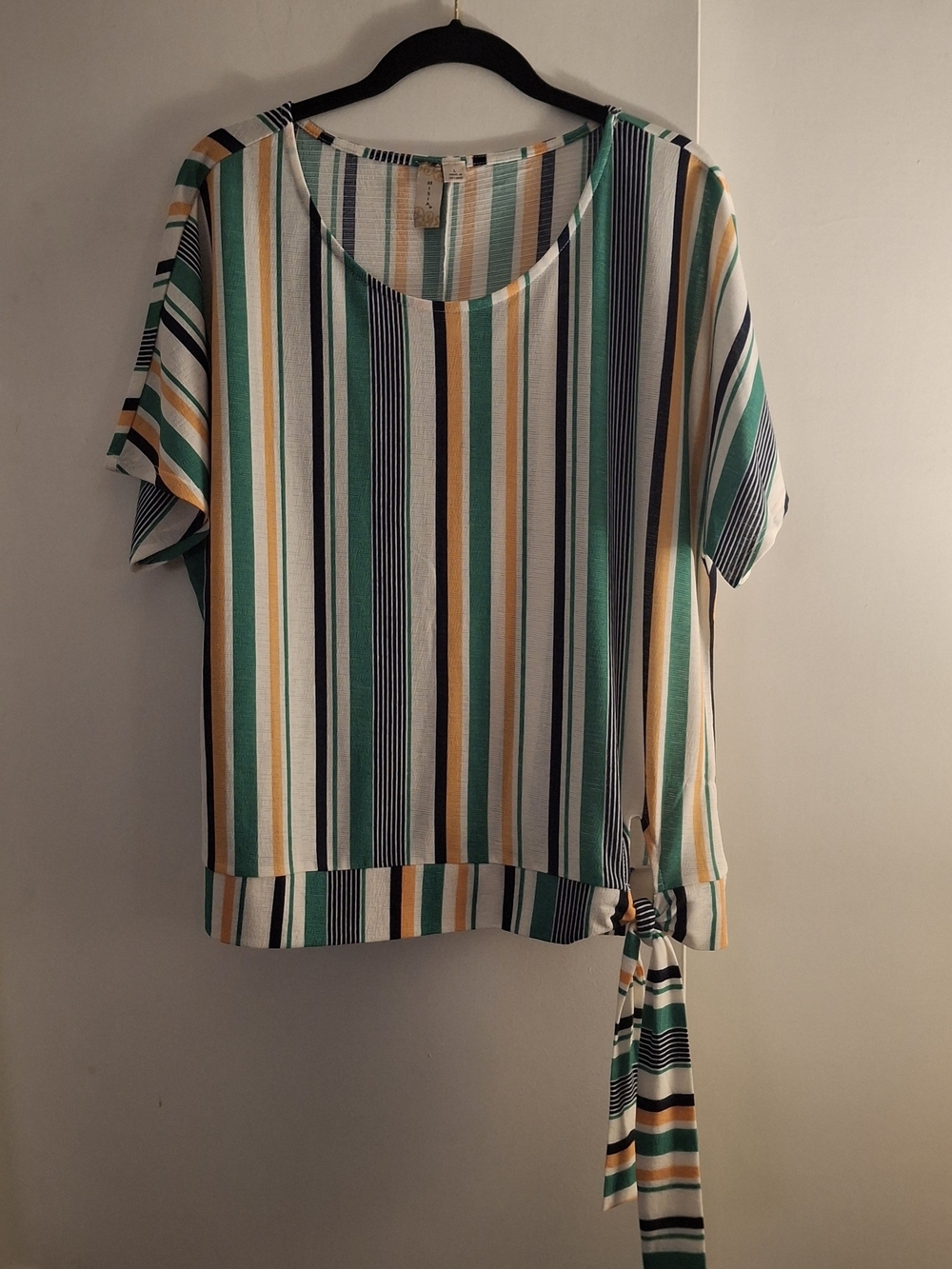 Misia Women's Striped Tie-Hem Short Sleeve Top - Green/Yellow/White/Navy